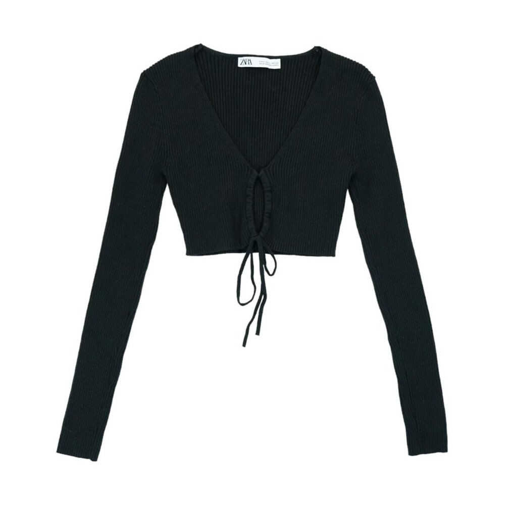 Zara Ribbed Cropped Top Tie Front Long Sleeve V-Neck Raw Hem Black‎ Size Small